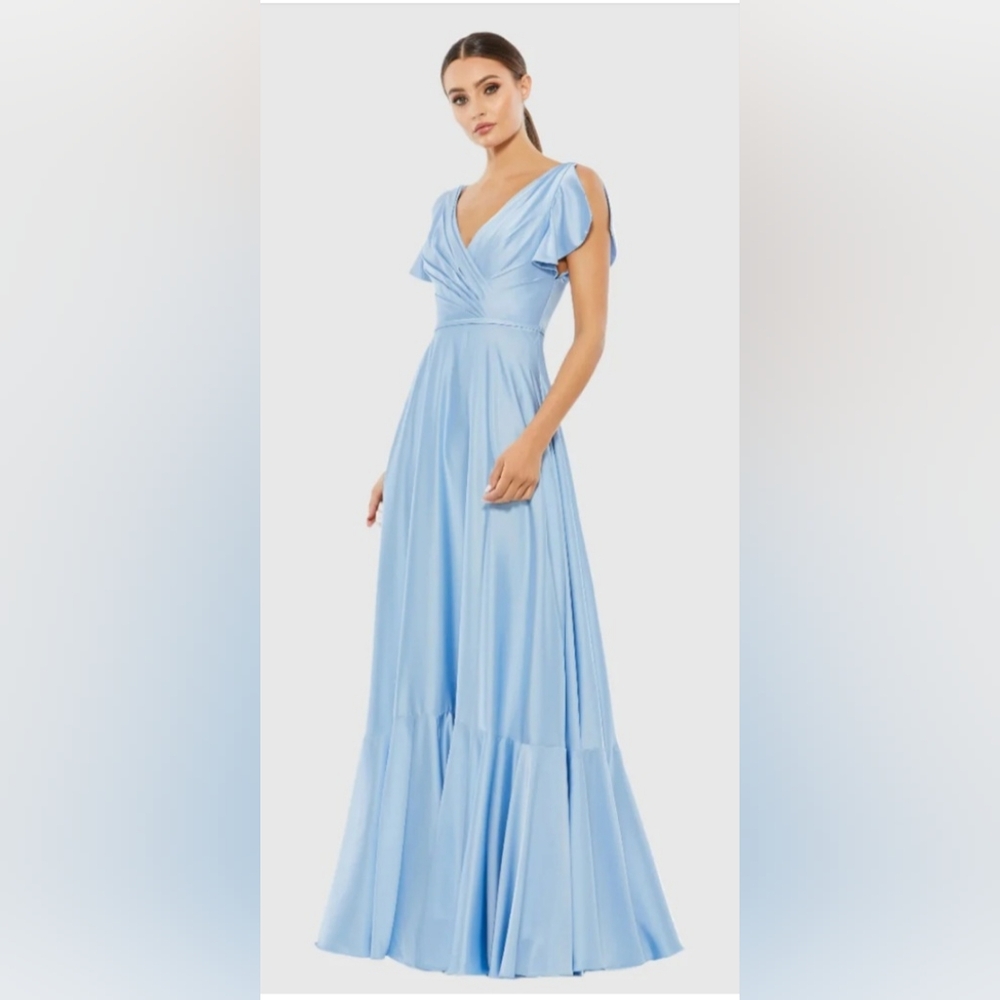 Mac Duggal Light Blue V‑Neck Flutter Sleeve Maxi Dress
